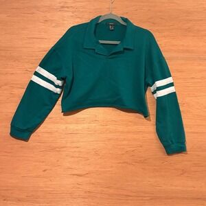 Forever 21 Teal Green Cropped Polo Sweatshirt White Striped Sleeve Mens Large